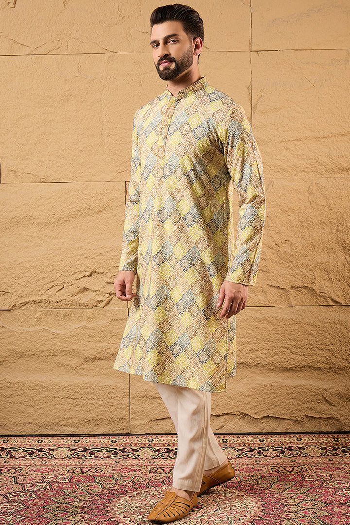 Yellow Viscose Rayon Bandhani Embroidered Straight Kurta With Pant Set | SHOBITAM