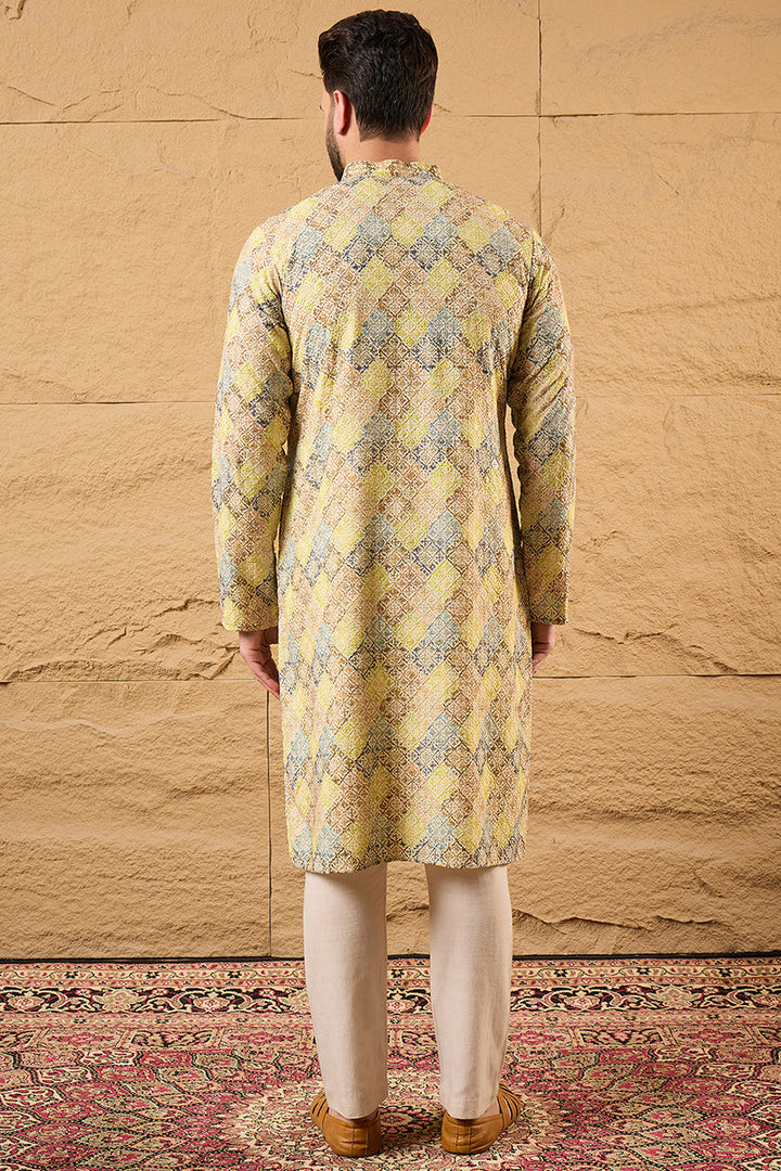Yellow Viscose Rayon Bandhani Embroidered Straight Kurta | SHOBITAM