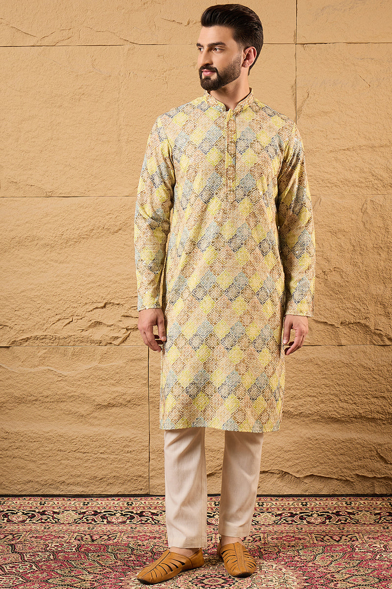 Yellow Viscose Rayon Bandhani Embroidered Straight Kurta With Pant Set | SHOBITAM