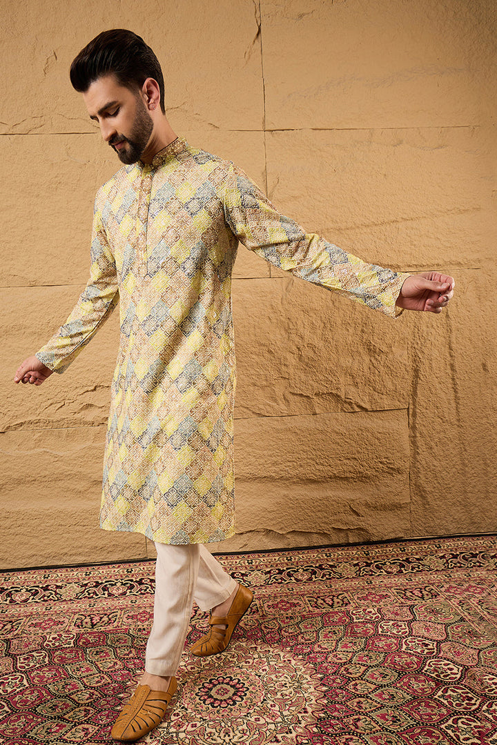 Yellow Viscose Rayon Bandhani Embroidered Straight Kurta With Pant Set | SHOBITAM