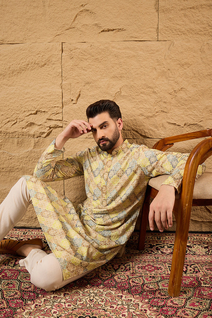 Yellow Viscose Rayon Bandhani Embroidered Straight Kurta | SHOBITAM
