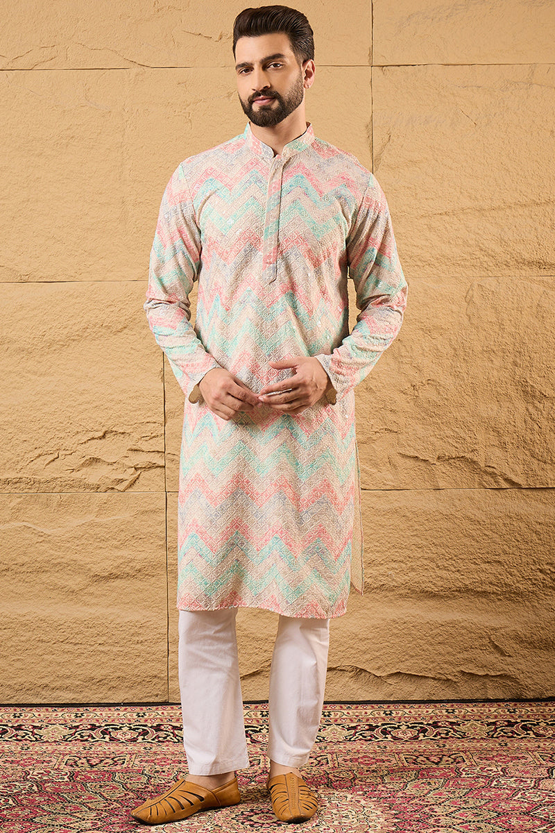 Multi Viscose Rayon Geometric Embroidered Straight Kurta | SHOBITAM
