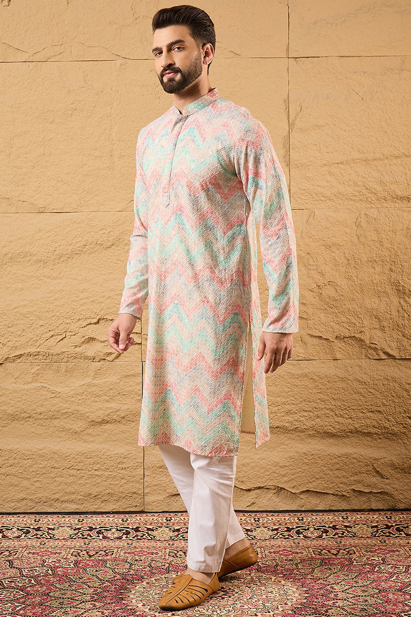 Multi Viscose Rayon Geometric Embroidered Straight Kurta | SHOBITAM