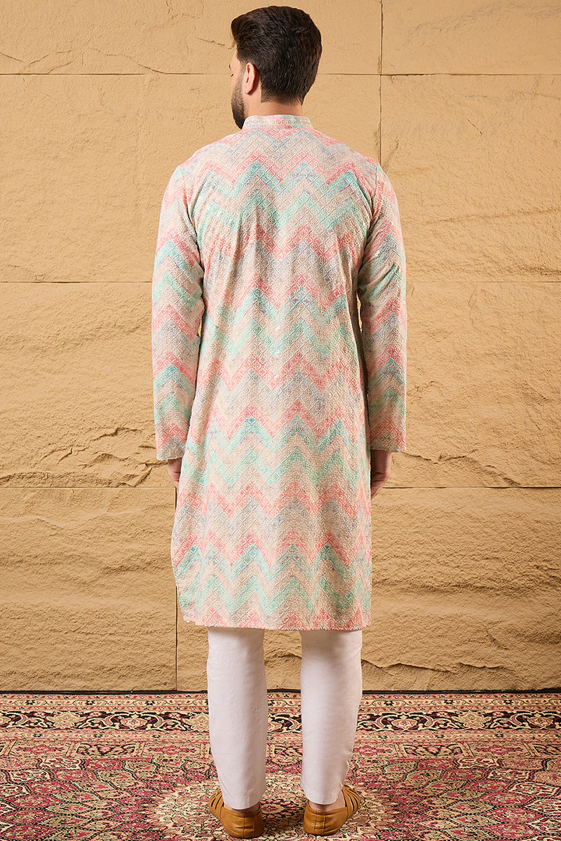 Multi Viscose Rayon Geometric Embroidered Straight Kurta | SHOBITAM