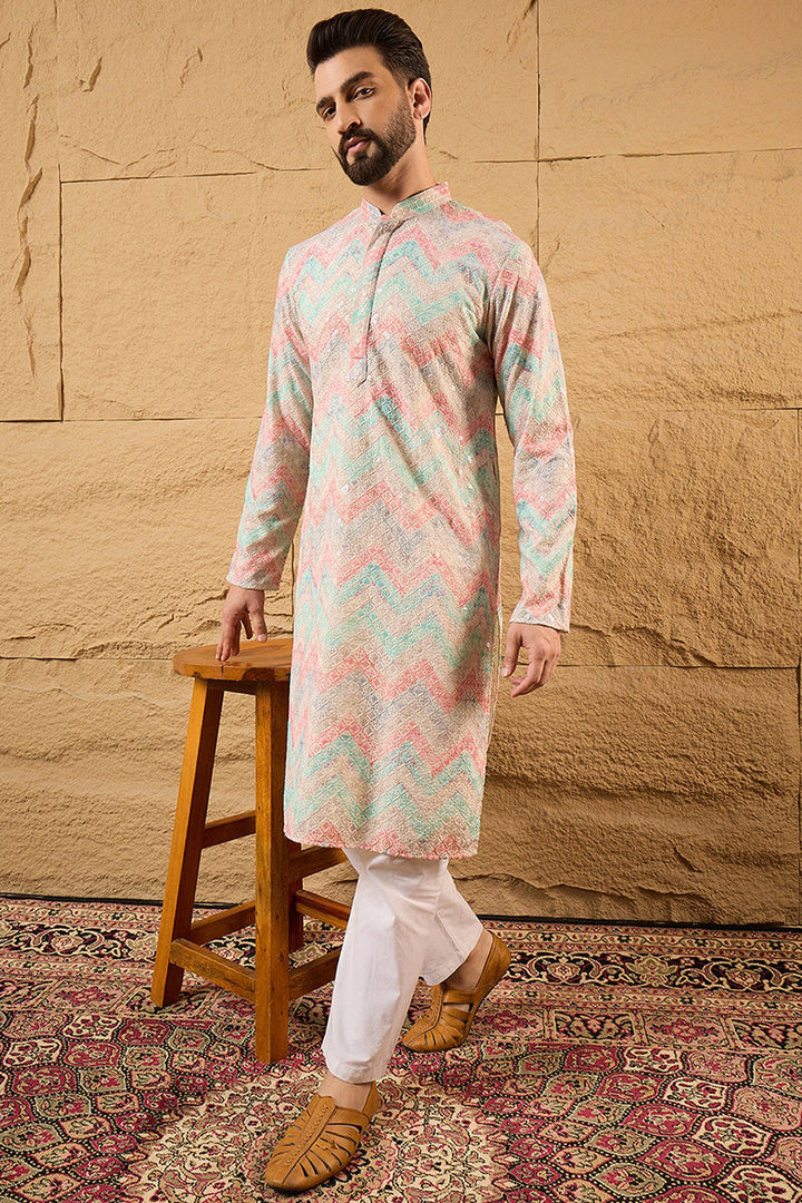 Multi Viscose Rayon Geometric Embroidered Straight Kurta | SHOBITAM