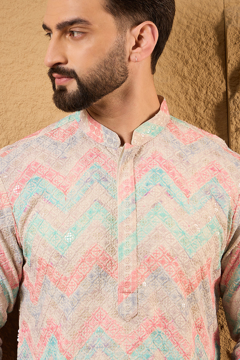 Multi Viscose Rayon Geometric Embroidered Straight Kurta | SHOBITAM