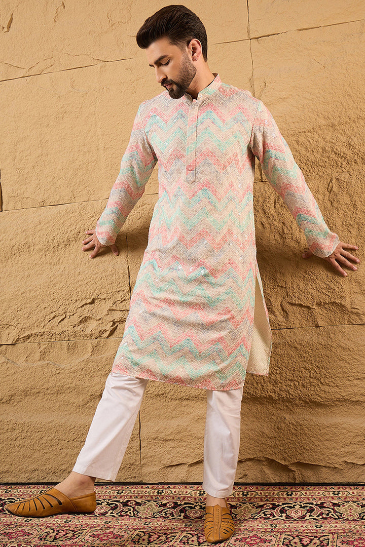Multi Viscose Rayon Geometric Embroidered Straight Kurta | SHOBITAM