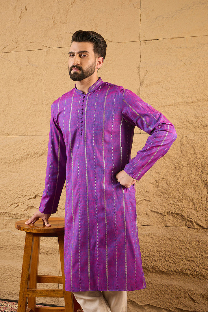 Purple Cotton Solid Embroidered Straight Kurta | SHOBITAM