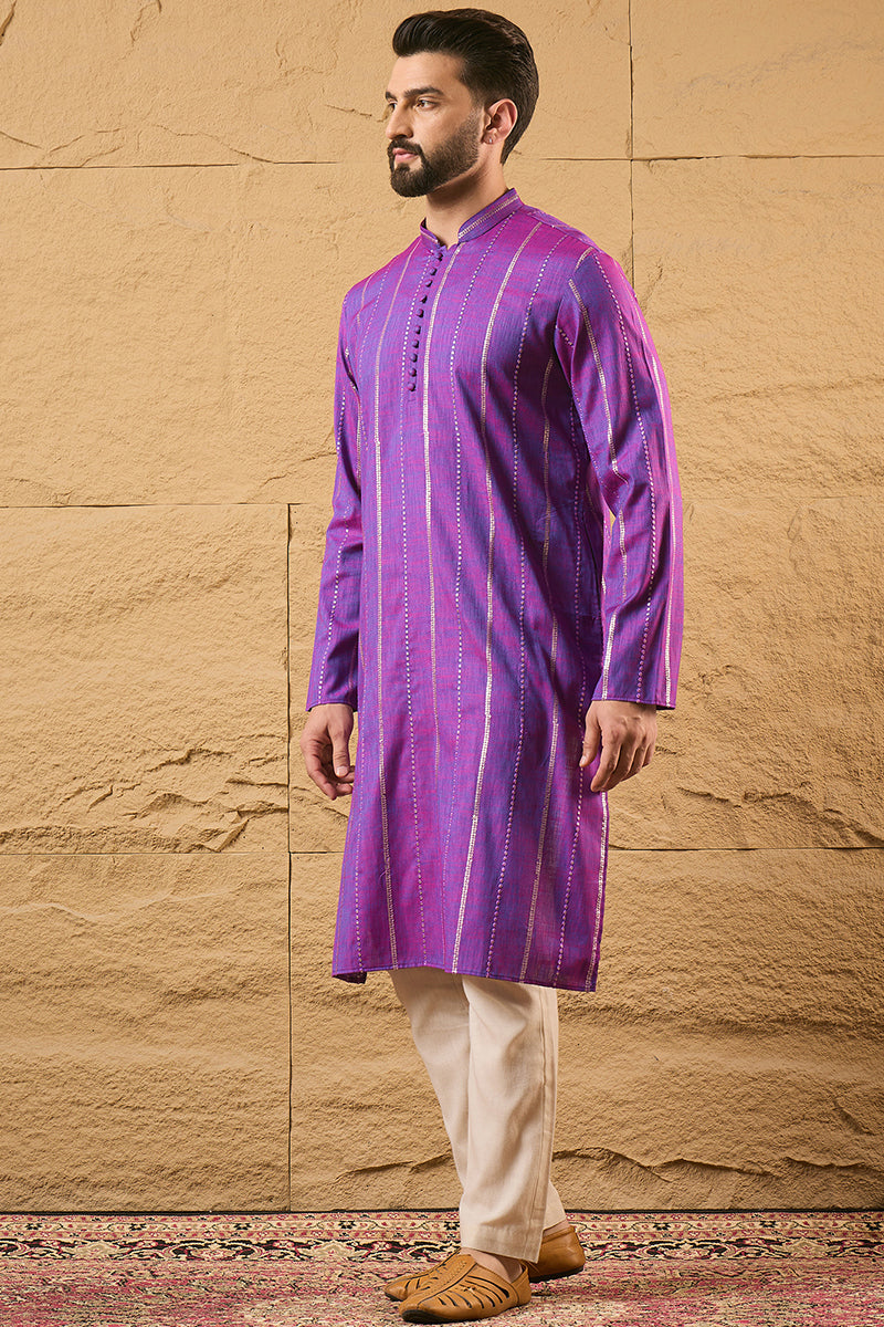 Purple Cotton Solid Embroidered Straight Kurta | SHOBITAM