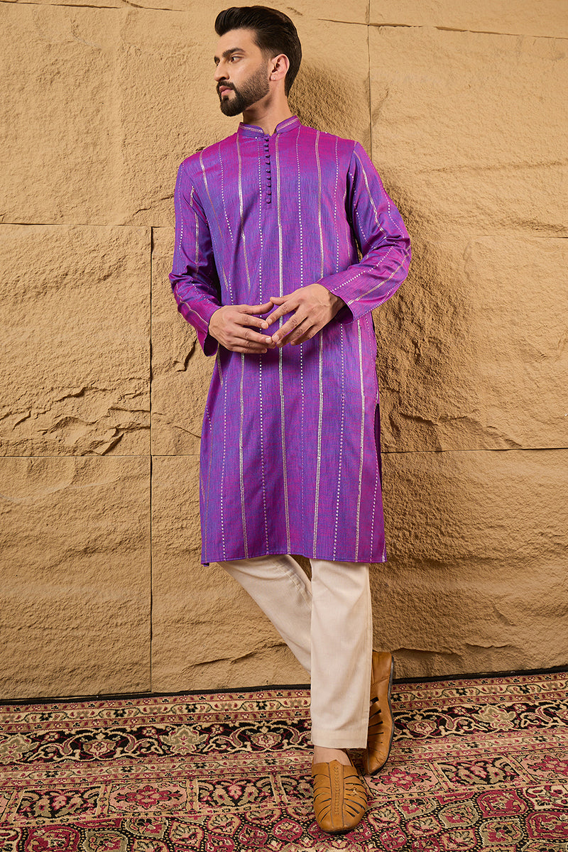 Purple Cotton Solid Embroidered Straight Kurta | SHOBITAM