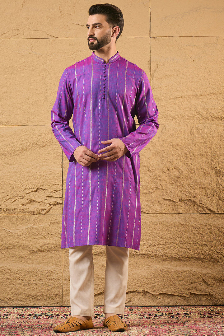 Purple Cotton Solid Embroidered Straight Kurta | SHOBITAM
