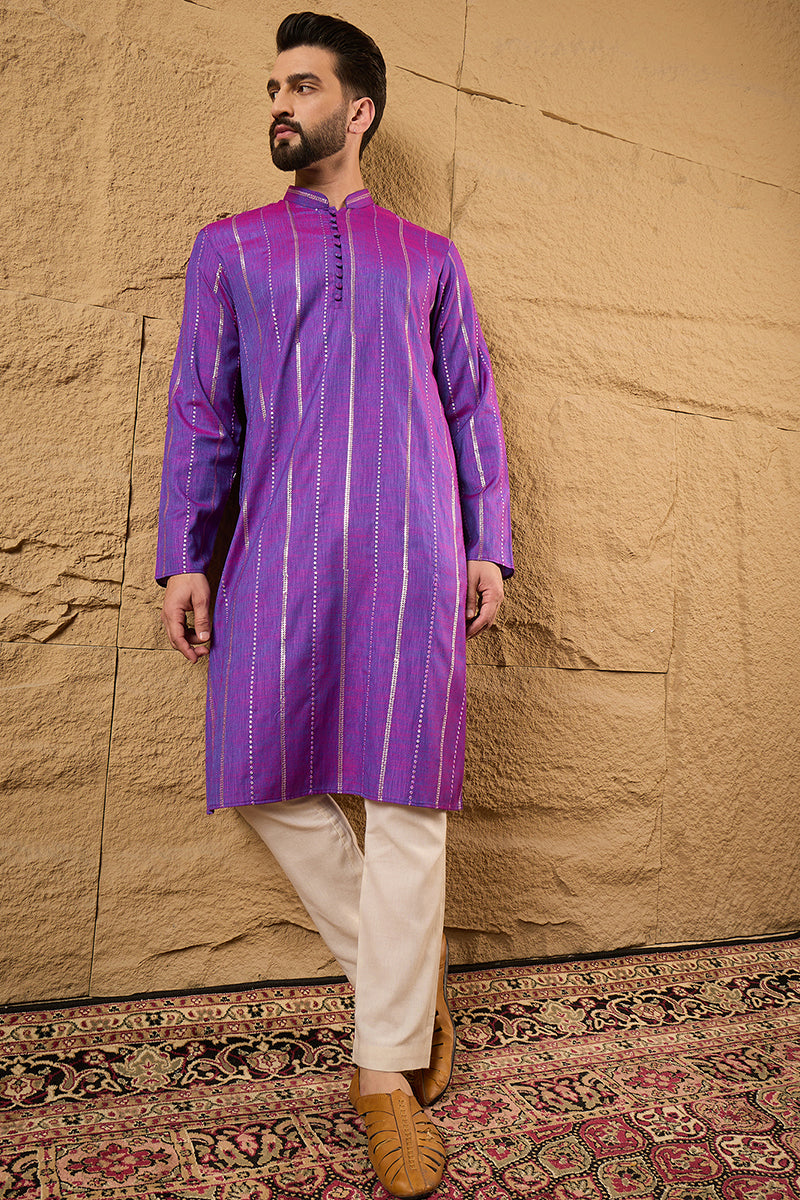 Purple Cotton Solid Embroidered Straight Kurta | SHOBITAM