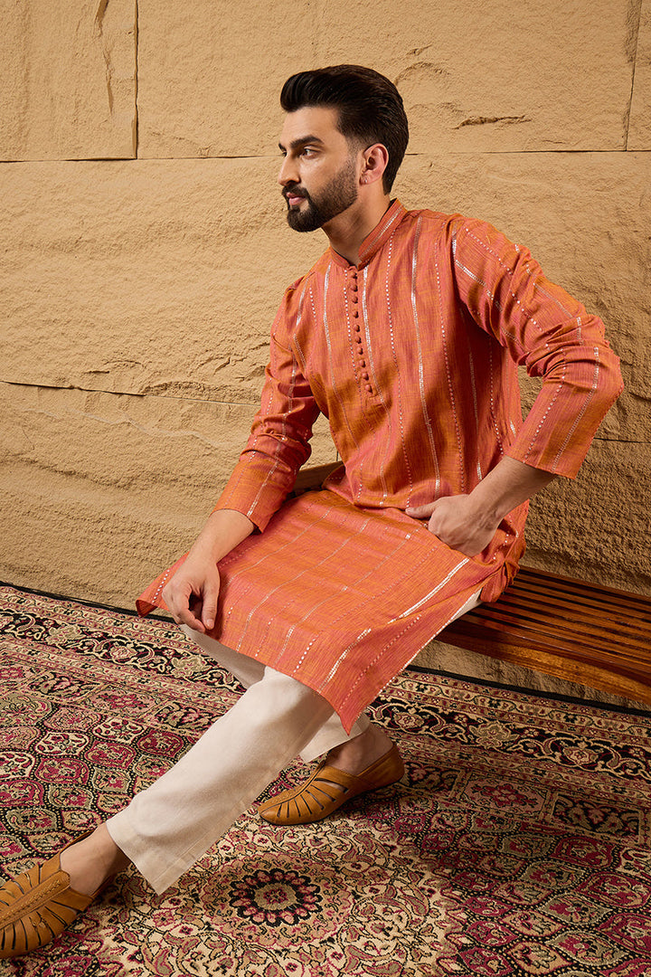 Orange Pure Cotton Embroidered Straight Kurta | SHOBITAM