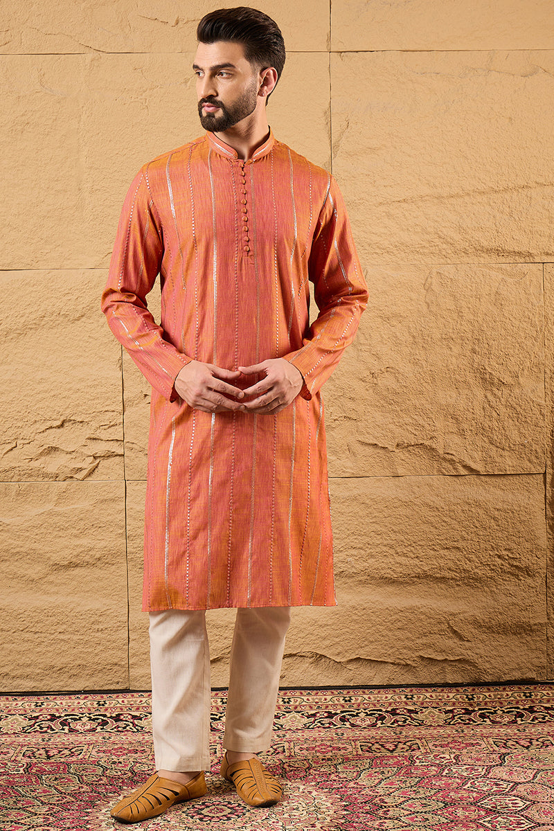 Orange Pure Cotton Embroidered Straight Kurta | SHOBITAM