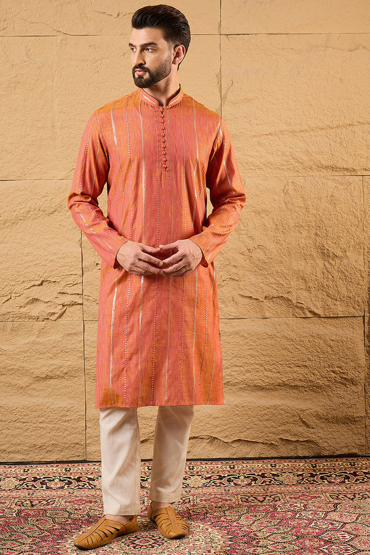 Orange Pure Cotton Embroidered Straight Kurta | SHOBITAM