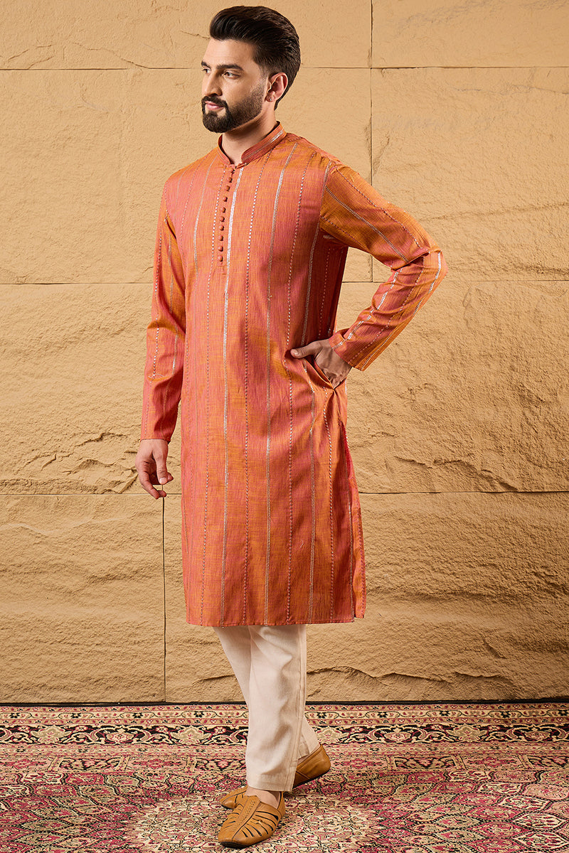 Orange Pure Cotton Embroidered Straight Kurta | SHOBITAM