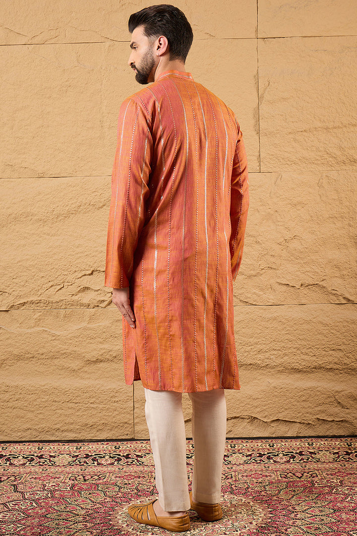 Orange Pure Cotton Embroidered Straight Kurta | SHOBITAM
