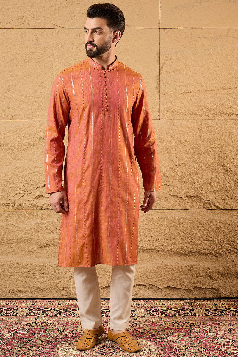 Orange Pure Cotton Embroidered Straight Kurta | SHOBITAM