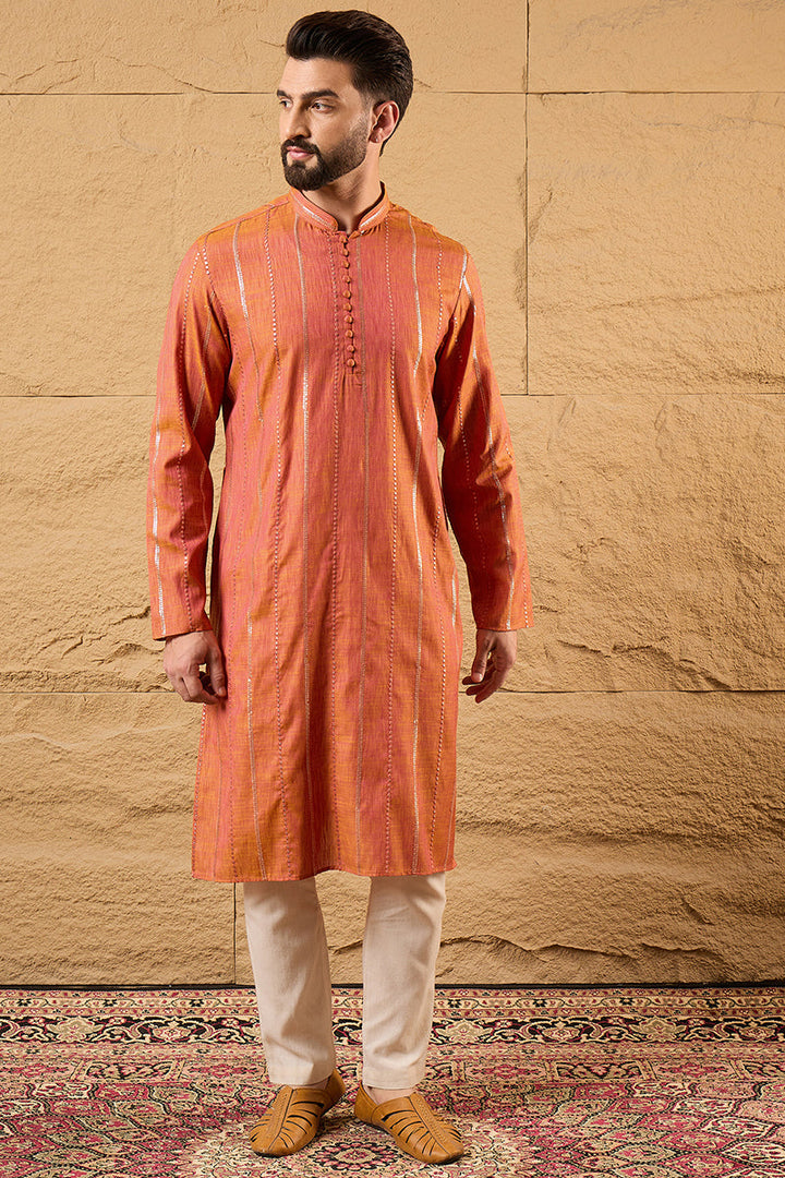 Orange Pure Cotton Embroidered Straight Kurta | SHOBITAM