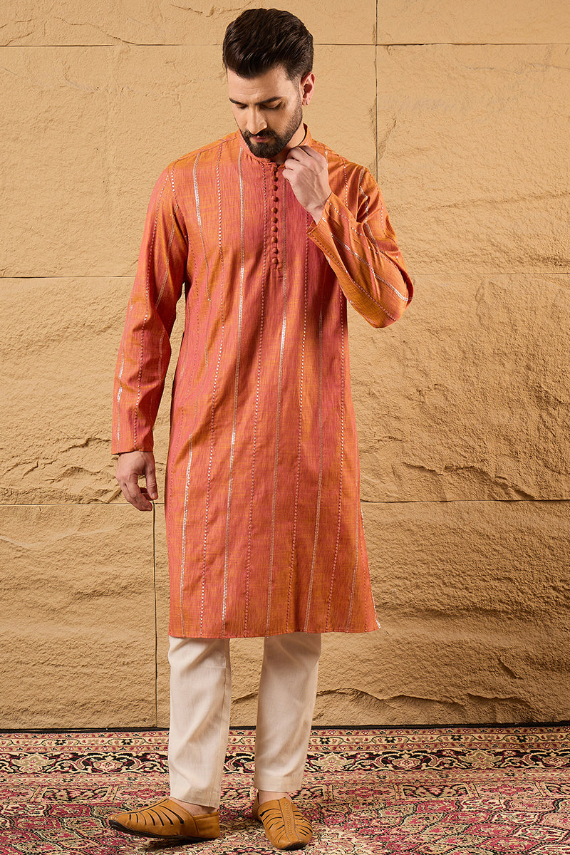 Orange Pure Cotton Embroidered Straight Kurta | SHOBITAM