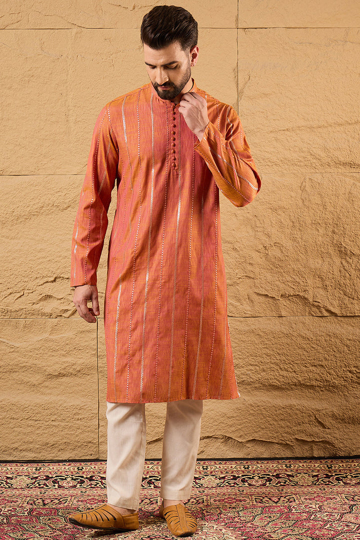 Orange Pure Cotton Embroidered Straight Kurta | SHOBITAM