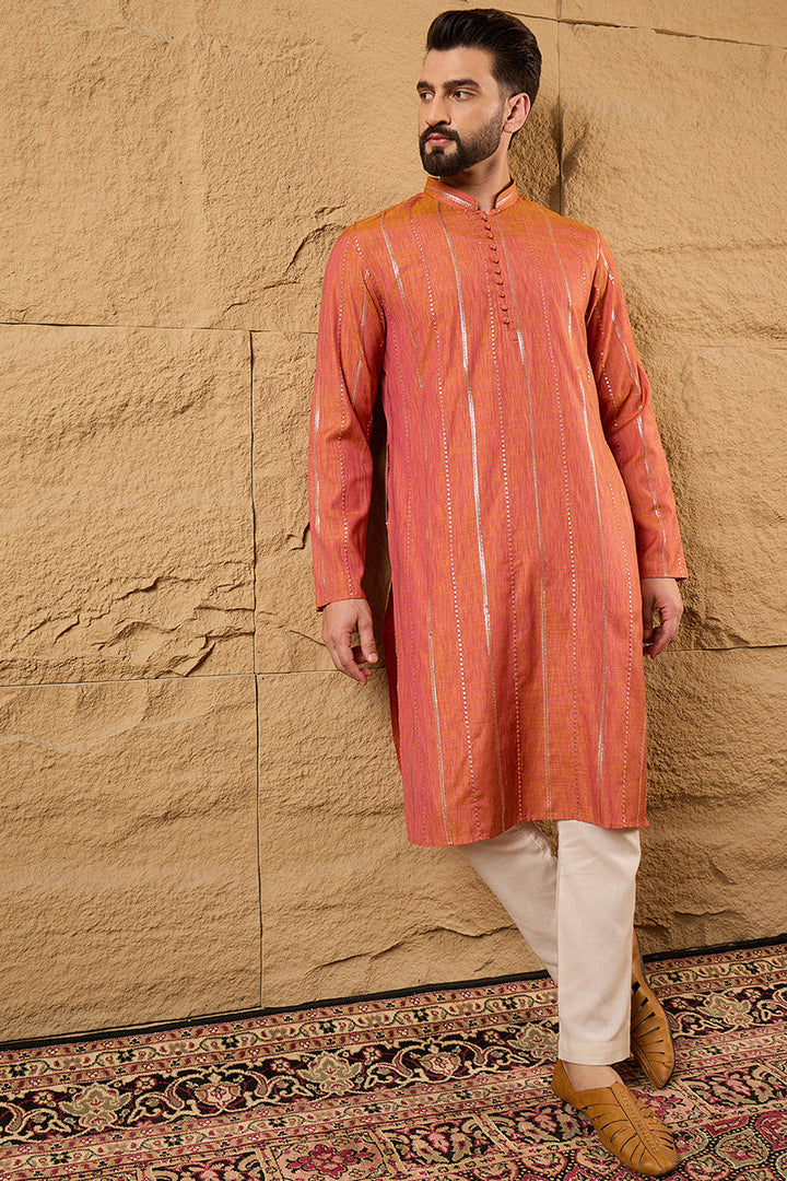 Orange Pure Cotton Embroidered Straight Kurta | SHOBITAM