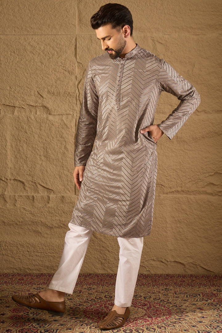 Grey Viscose Rayon Solid Embroidered Straight Kurta | SHOBITAM
