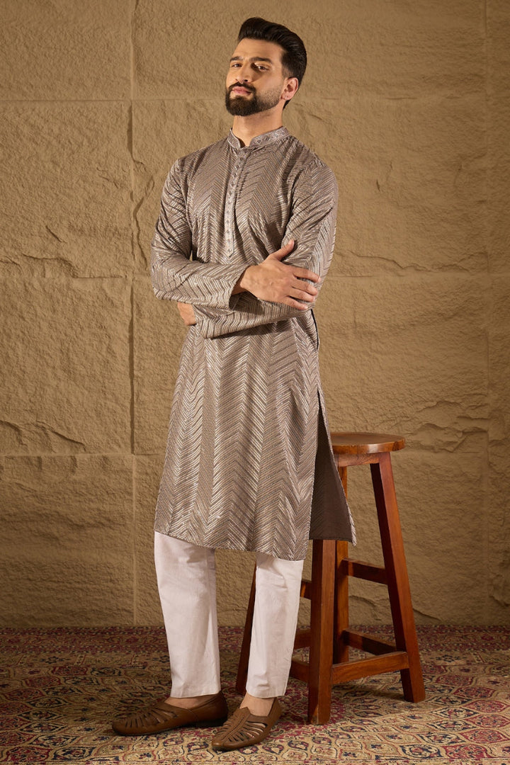 Grey Viscose Rayon Solid Embroidered Straight Kurta | SHOBITAM