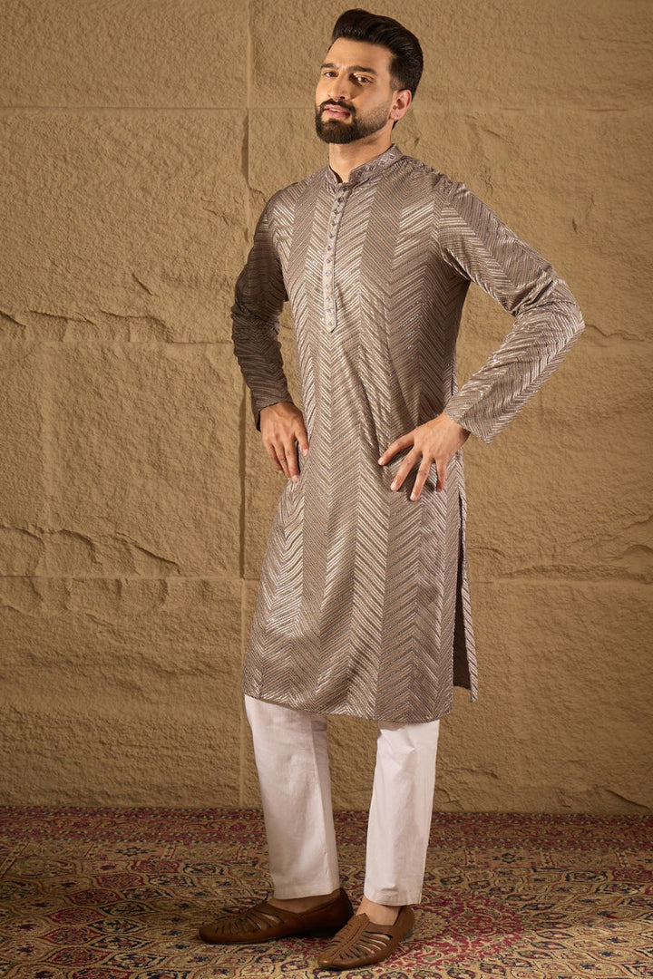 Grey Viscose Rayon Solid Embroidered Straight Kurta | SHOBITAM