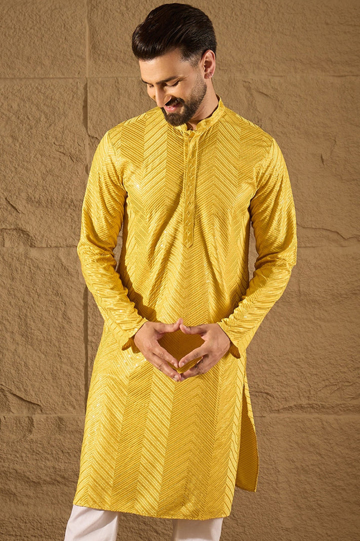 Yellow Viscose Rayon Solid Embroidered Straight Kurta | SHOBITAM