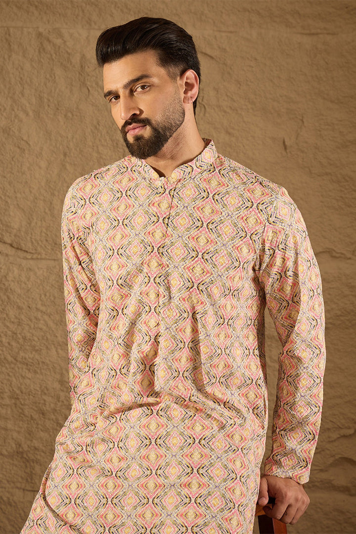 Multicolor Viscose Rayon Geometric Embroidered Straight Kurta | SHOBITAM
