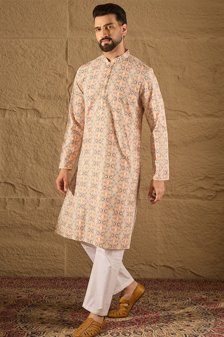 Multicolor Viscose Rayon Geometric Embroidered Straight Kurta | SHOBITAM