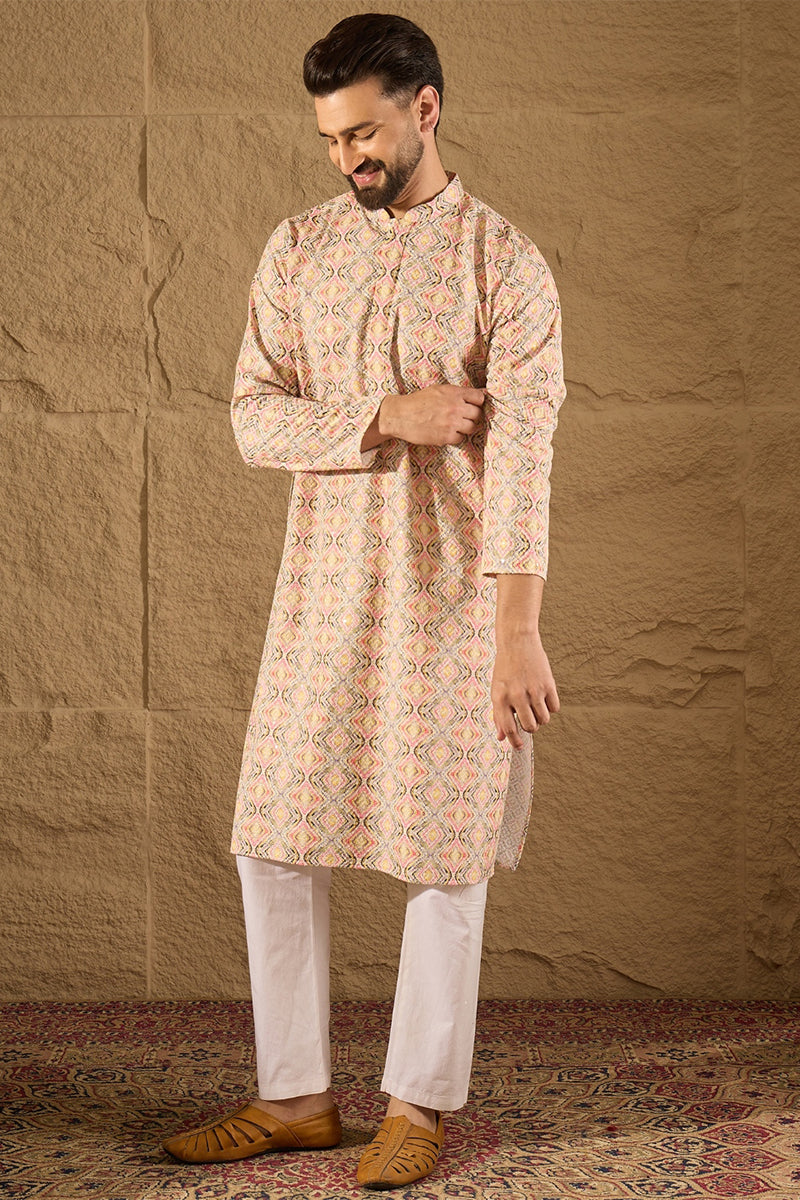 Multicolor Viscose Rayon Geometric Embroidered Straight Kurta | SHOBITAM