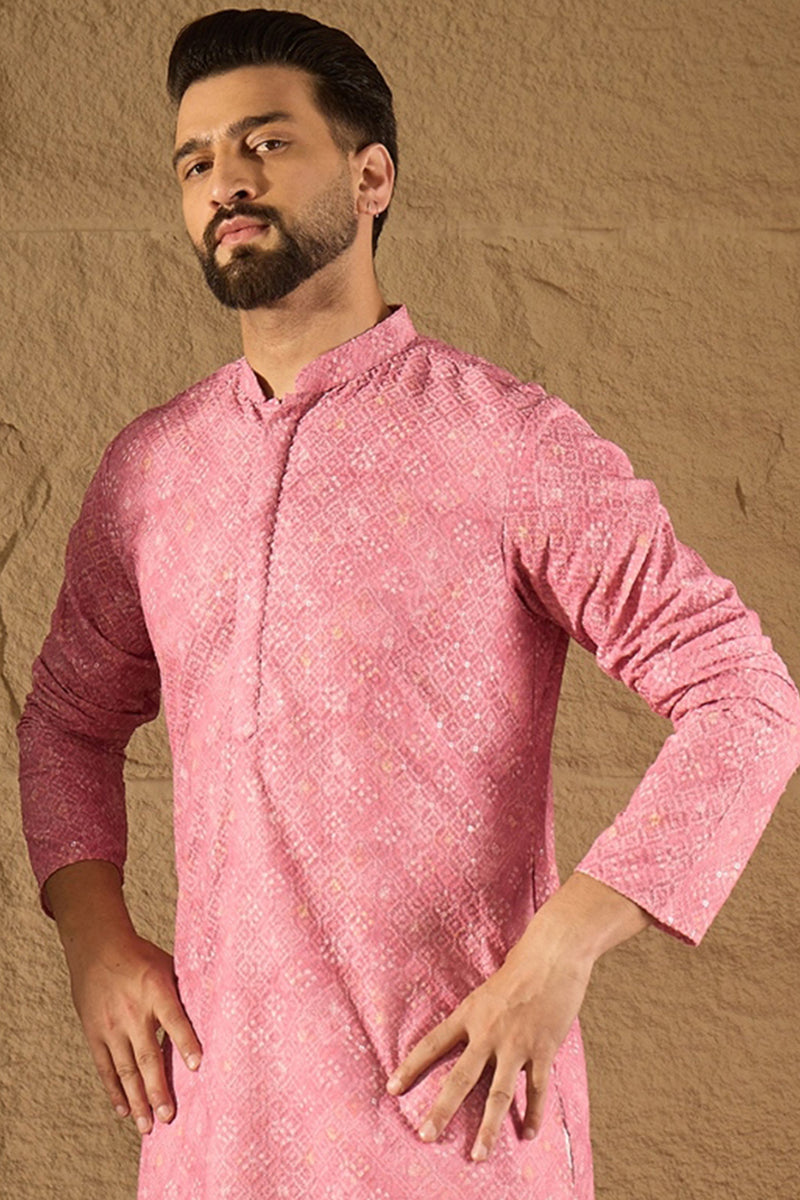 Pink Viscose Rayon Bandhani Embroidered Straight Kurta | SHOBITAM