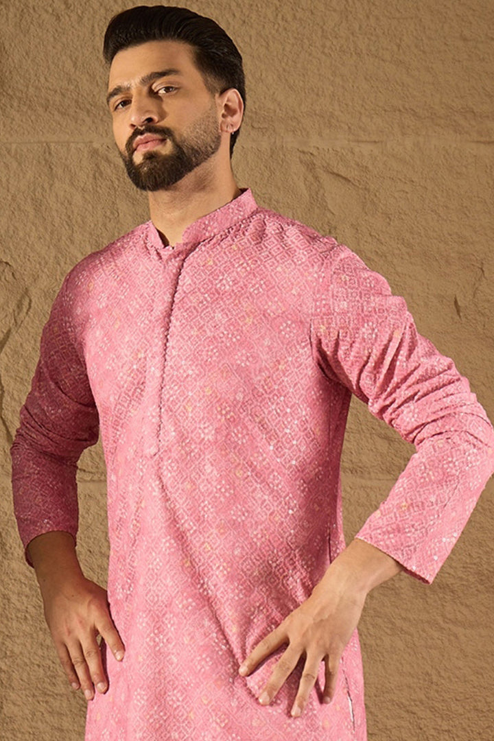 Pink Viscose Rayon Bandhani Embroidered Straight Kurta | SHOBITAM