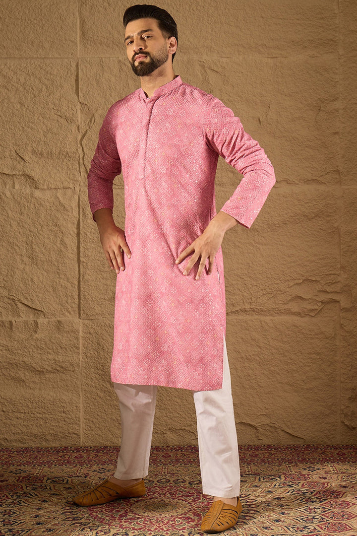 Pink Viscose Rayon Bandhani Embroidered Straight Kurta | SHOBITAM