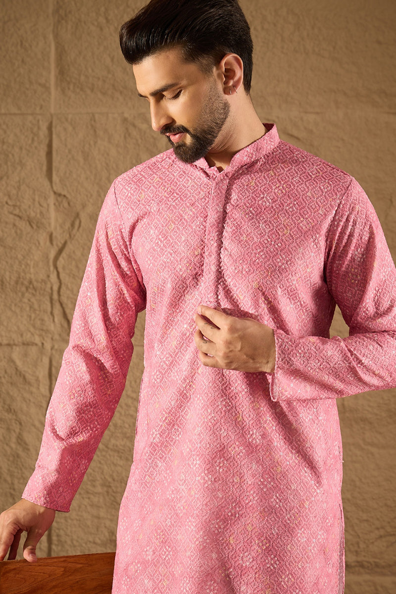 Pink Viscose Rayon Bandhani Embroidered Straight Kurta | SHOBITAM