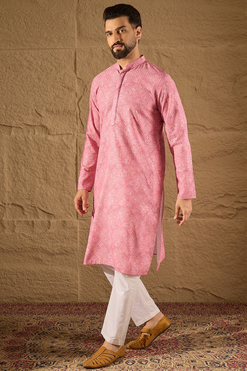 Pink Viscose Rayon Bandhani Embroidered Straight Kurta | SHOBITAM