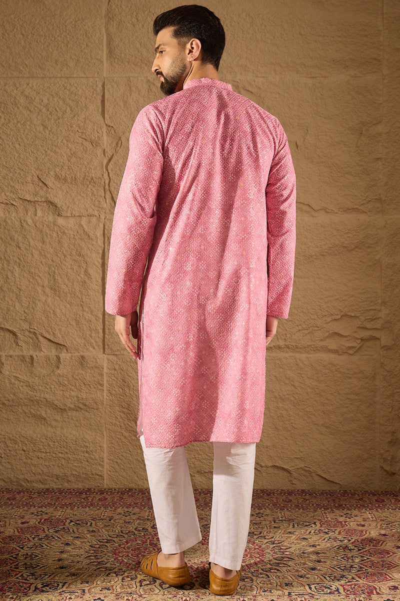 Pink Viscose Rayon Bandhani Embroidered Straight Kurta | SHOBITAM