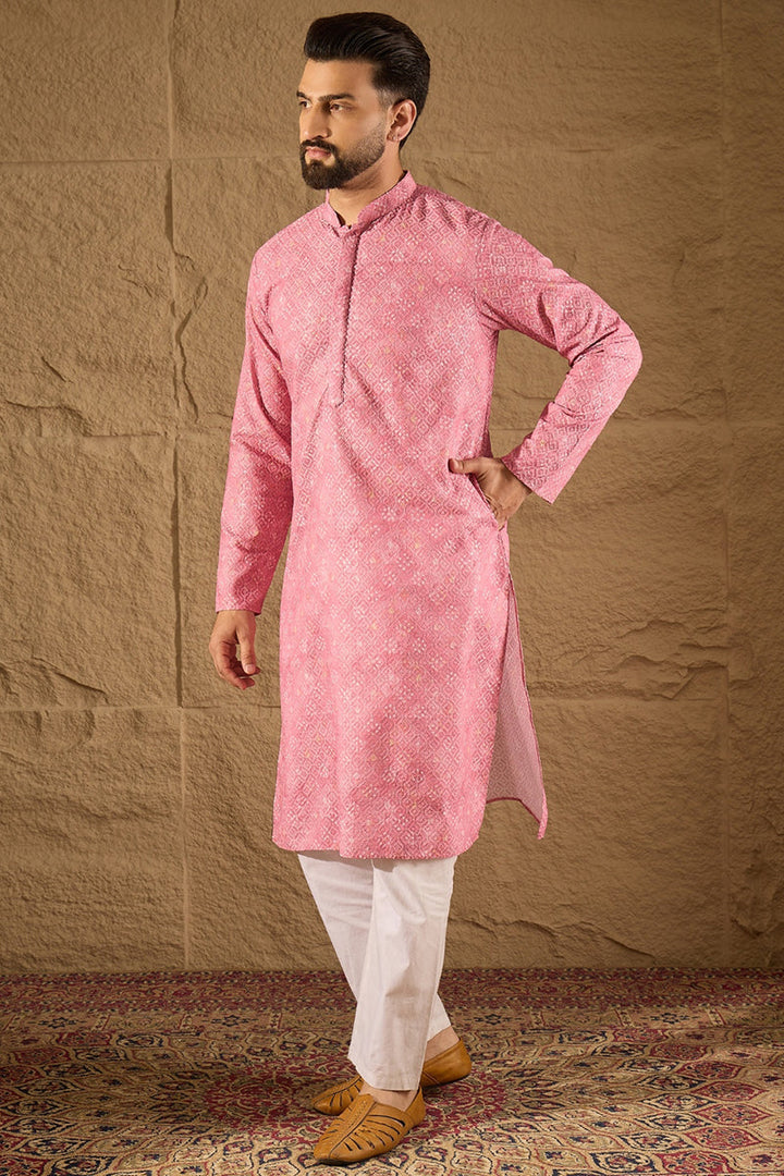Pink Viscose Rayon Bandhani Embroidered Straight Kurta | SHOBITAM
