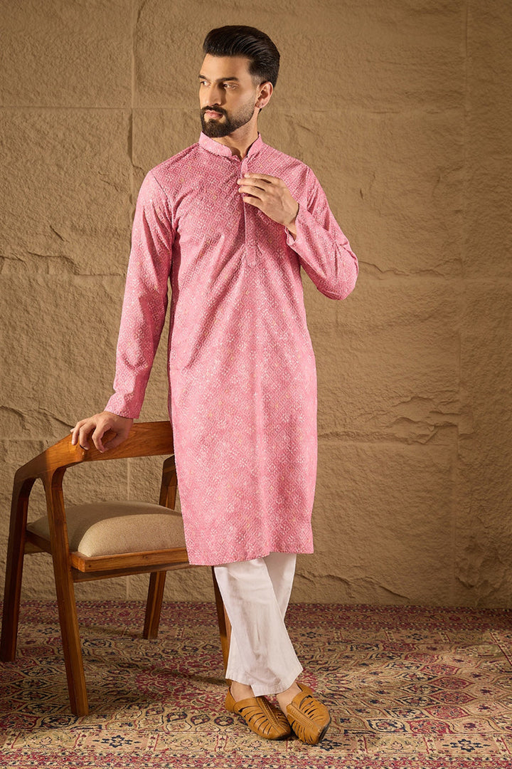 Pink Viscose Rayon Bandhani Embroidered Straight Kurta | SHOBITAM