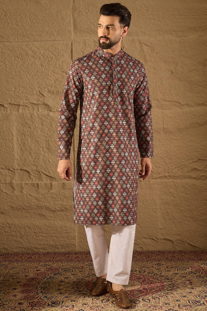 Brown Viscose Rayon Ethnic Motifs Embroidered Straight Kurta | SHOBITAM