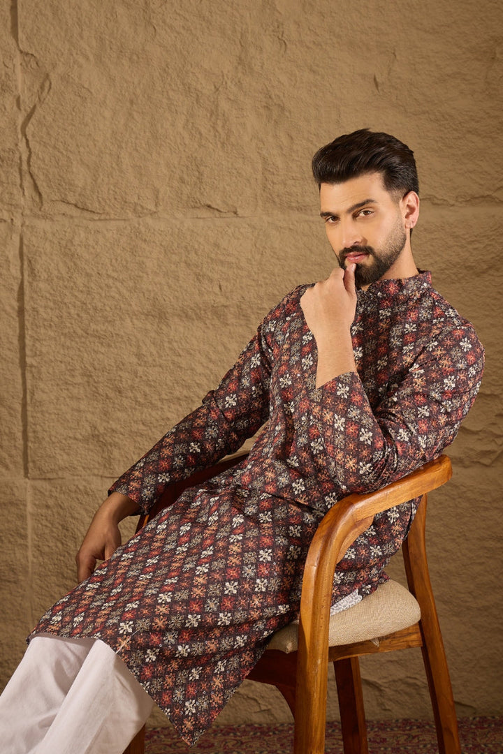 Brown Viscose Rayon Ethnic Motifs Embroidered Straight Kurta | SHOBITAM