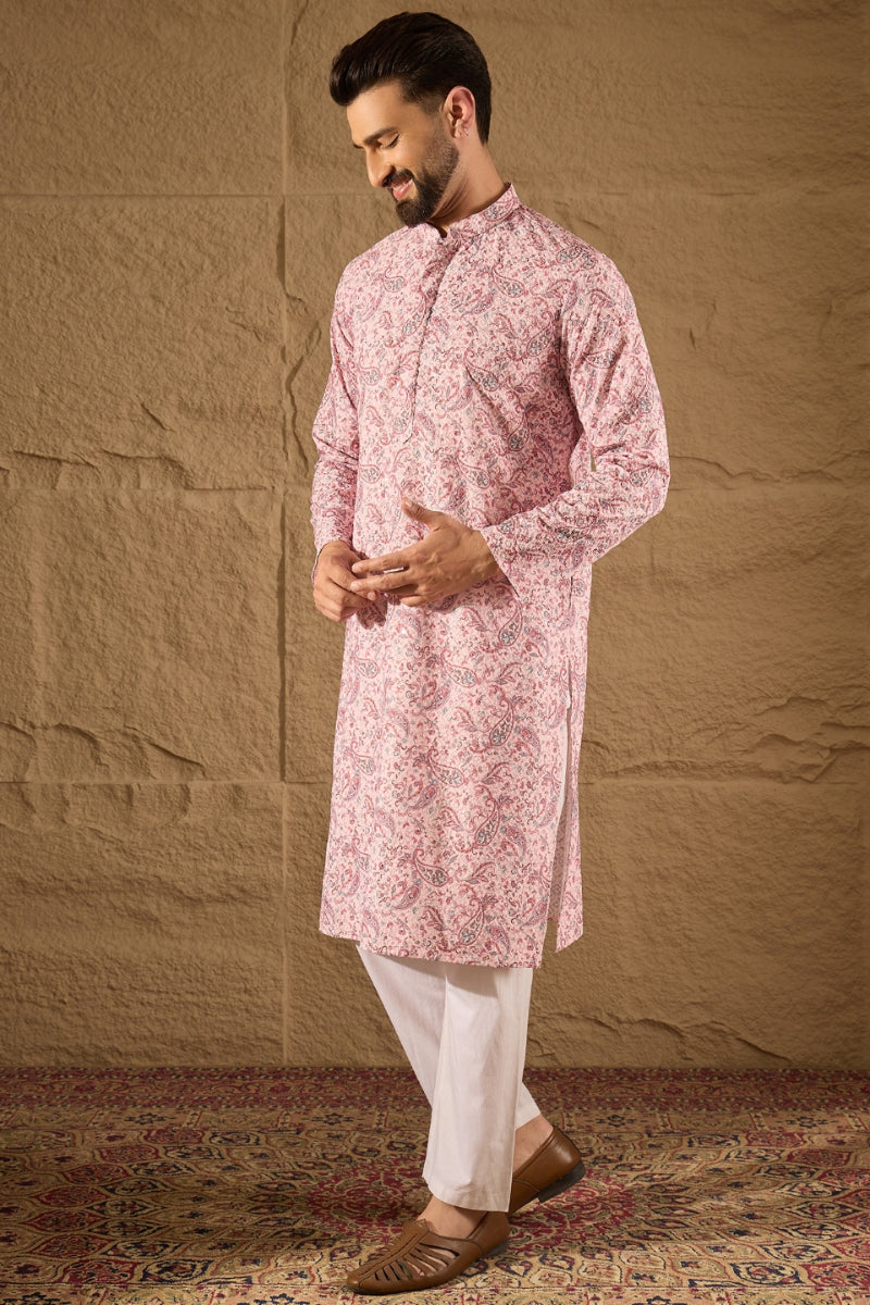 Pink Viscose Rayon Ethnic Motifs Embroidered Straight Kurta | SHOBITAM