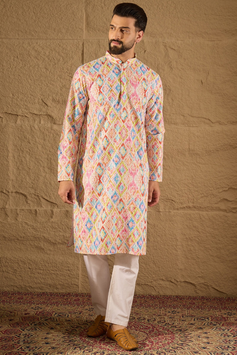 Multicolor Viscose Rayon Abstract Embroidered Straight Kurta | SHOBITAM