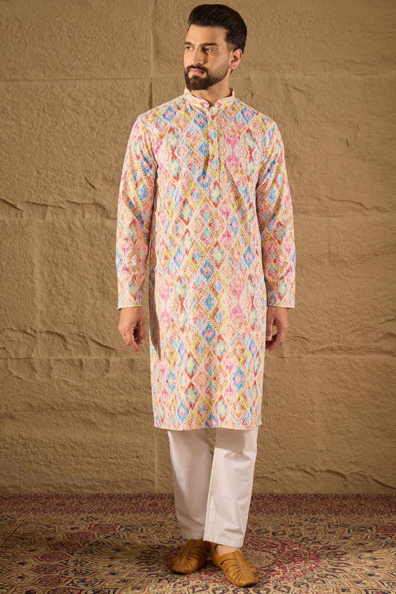 Multicolor Viscose Rayon Abstract Embroidered Straight Kurta | SHOBITAM