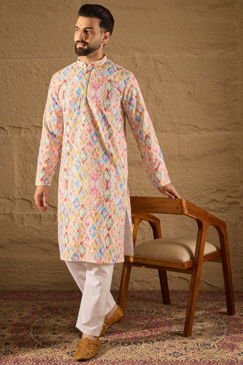 Multicolor Viscose Rayon Abstract Embroidered Straight Kurta | SHOBITAM