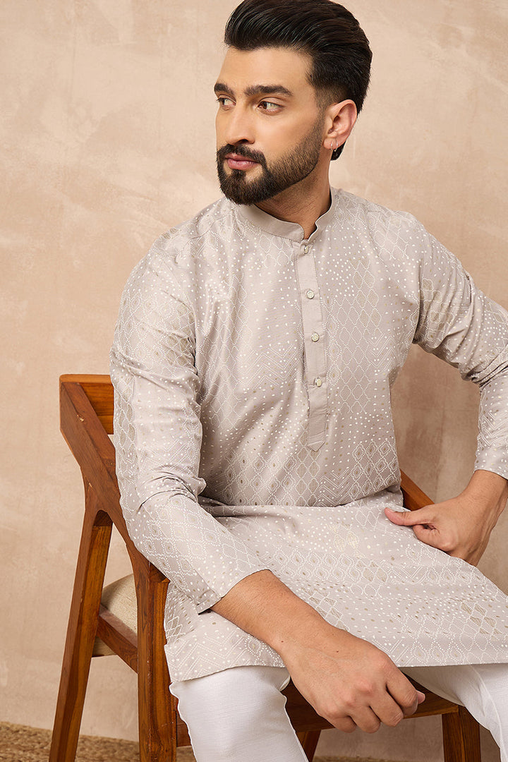 Grey Silk Geometric Printed Straight Kurta | SHOBITAM