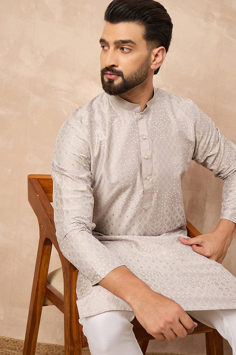 Grey Silk Geometric Printed Straight Kurta With Pant Set | SHOBITAM