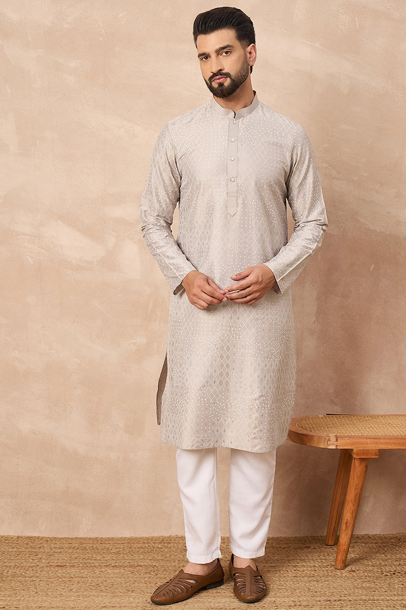 Grey Silk Geometric Printed Straight Kurta With Pant Set | SHOBITAM